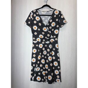 MSBASIC Women Black Daisy Polka Dot Floral Faux Wrap V-Neck Dress Medium